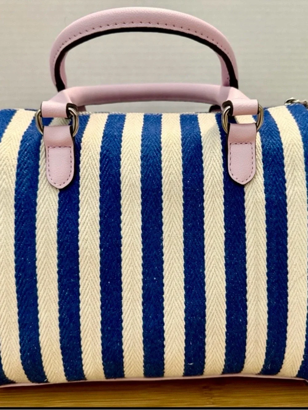 Juicy Couture Blue & Pink Striped Satchel with Heart Charm